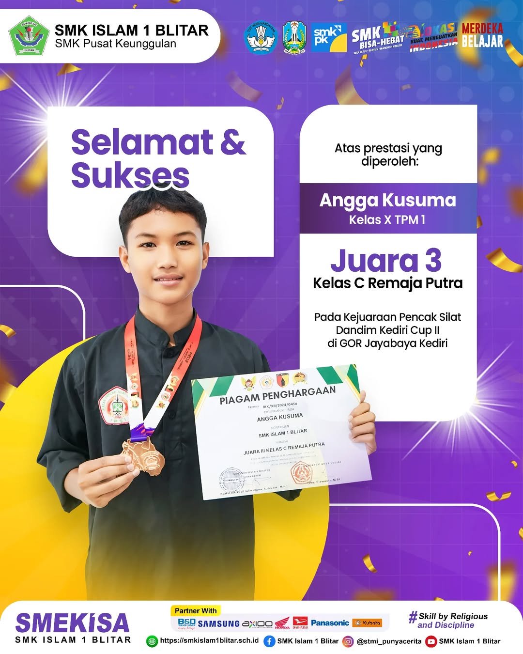Angga Kusuma Raih Juara 3 Pencak Silat Kelas C Remaja Putra di Dandim Kediri Cup II