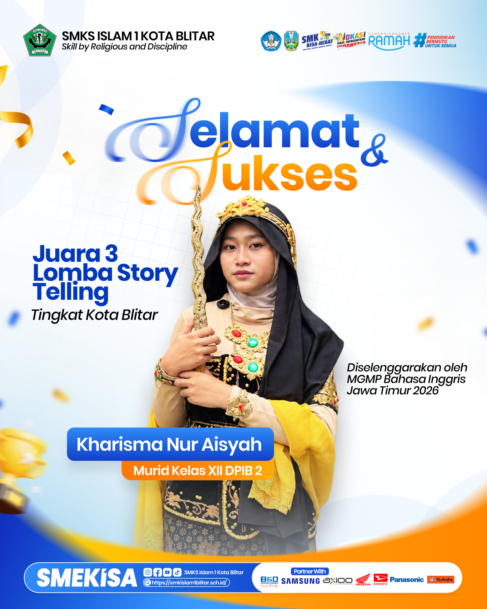 Torehkan Prestasi Bahasa Inggris, Kharisma Nur Aisyah Murid SMKS Islam 1 Blitar Raih Juara 3 Lomba Story Telling Tingkat Kota Blitar