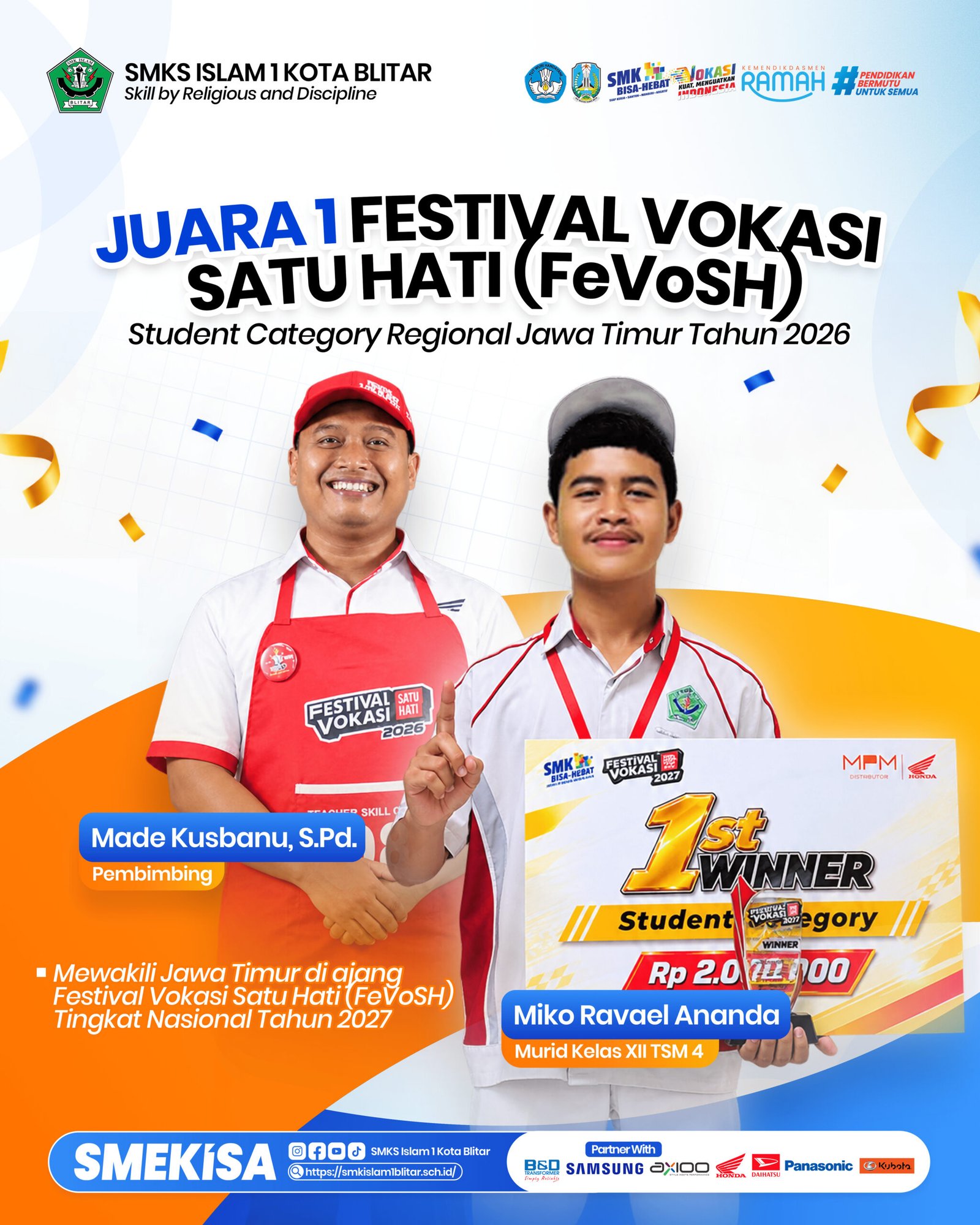 Tembus Tingkat Nasional, Miko Ravael Ananda Murid SMKS Islam 1 Blitar Sabet Juara 1 Festival Vokasi Satu Hati Regional Jatim 2026